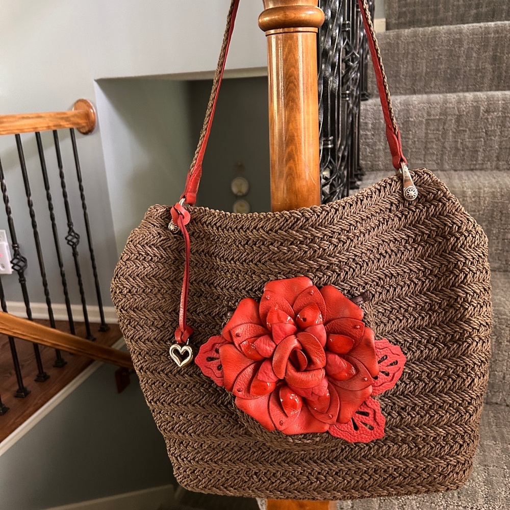 Vintage - Brighton Jute and Orange Leather Flower Shoulder Bag